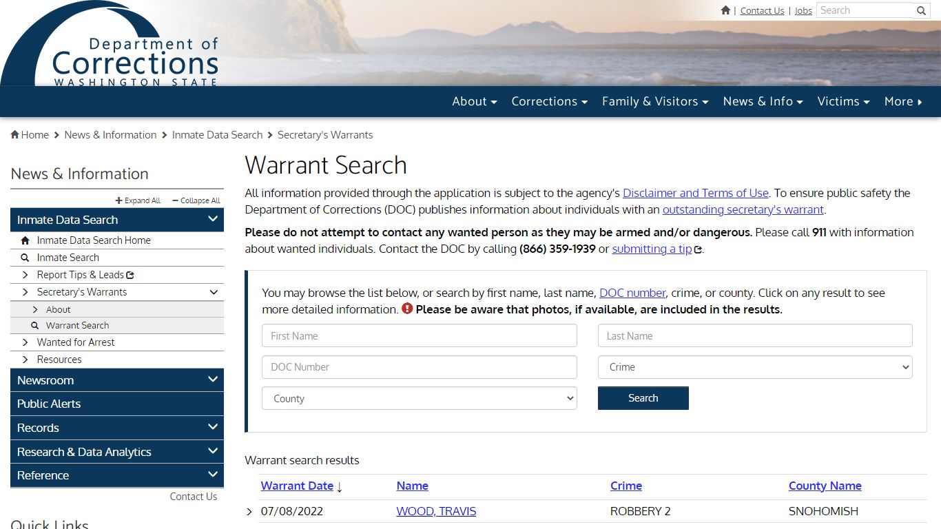 Warrant Search | Washington State Department of Corrections